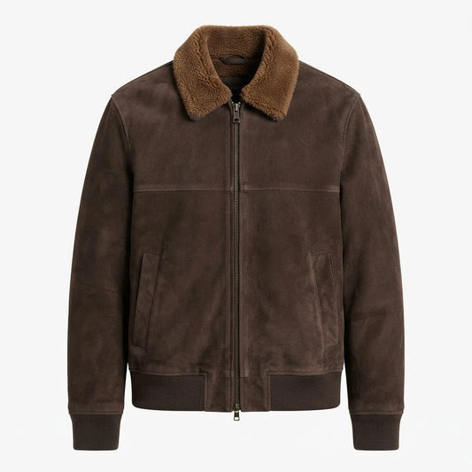 Men’s Beige Suede Shearling Jacket front view featuring genuine beige suede, contrast shearling collar, two-way metal zipper, and ribbed hem   