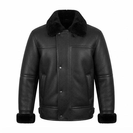 Men’s Black Aircraft Shearling Leather Bomber Jacket front view featuring genuine black leather, plush black shearling collar, snap-button storm flap, and matching cuffs   