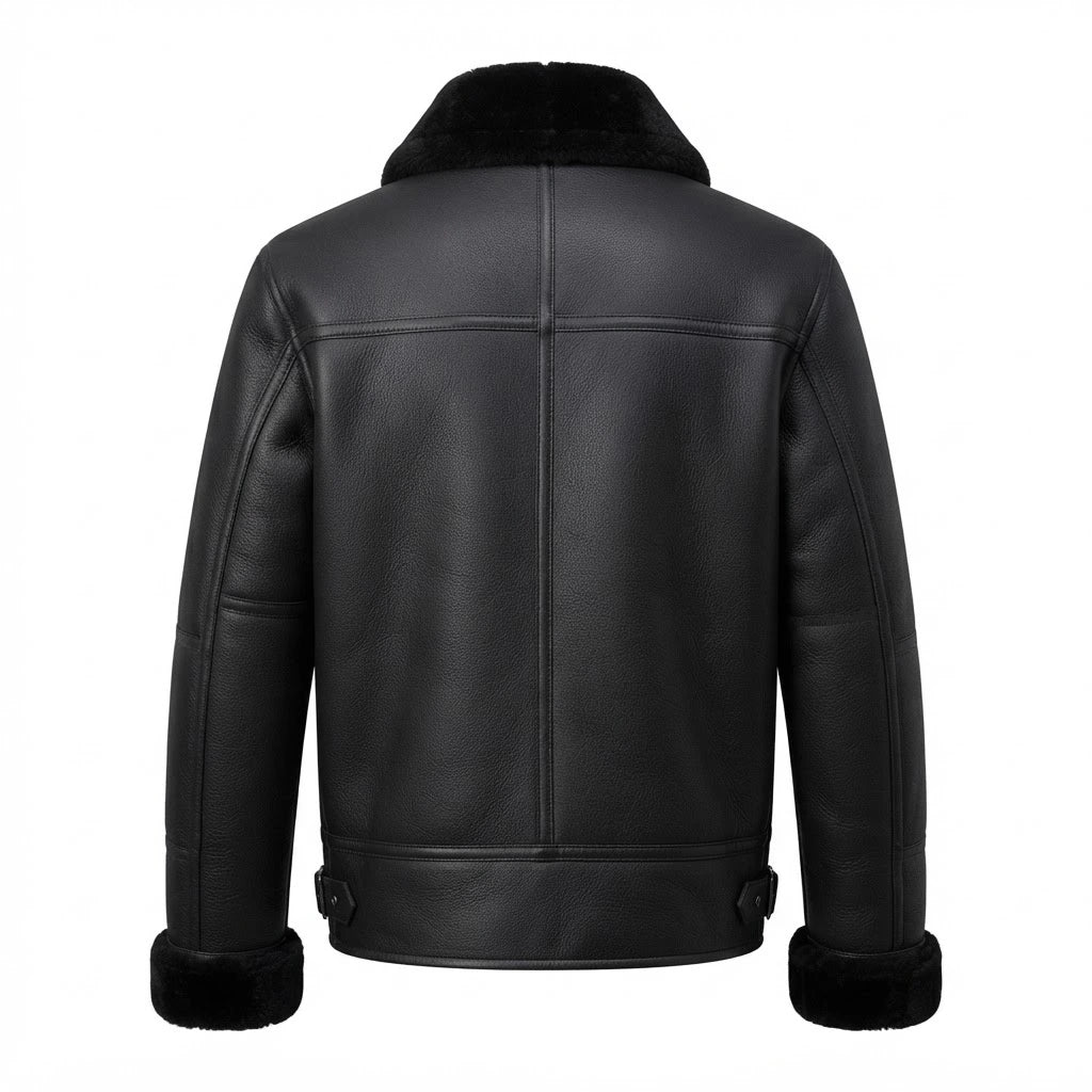Men’s Black Aircraft Shearling Leather Bomber Jacket front view featuring genuine black leather, plush black shearling collar, snap-button storm flap, and matching cuffs   