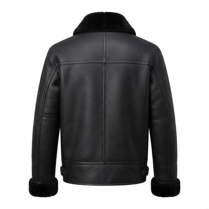 Men’s Black Aircraft Shearling Leather Bomber Jacket front view featuring genuine black leather, plush black shearling collar, snap-button storm flap, and matching cuffs   