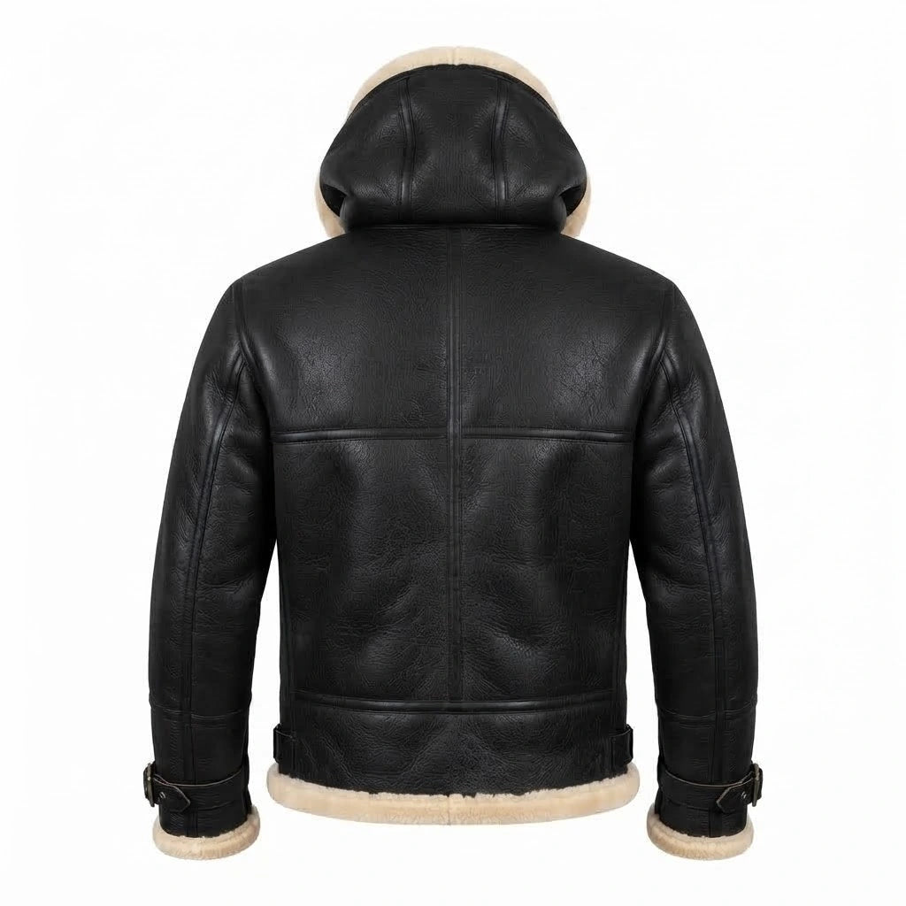 Men’s Black B3 Shearling Bomber Leather Jacket front view featuring genuine black leather, plush natural shearling hood lining, double-buckle throat latch, and front zip closure
