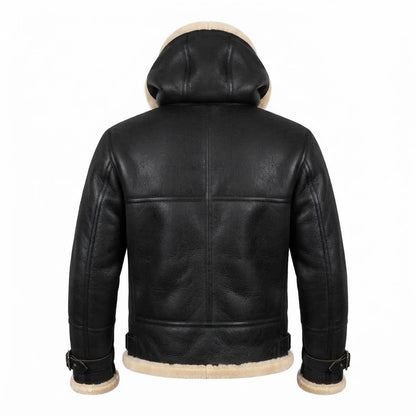 Men’s Black B3 Shearling Bomber Leather Jacket front view featuring genuine black leather, plush natural shearling hood lining, double-buckle throat latch, and front zip closure