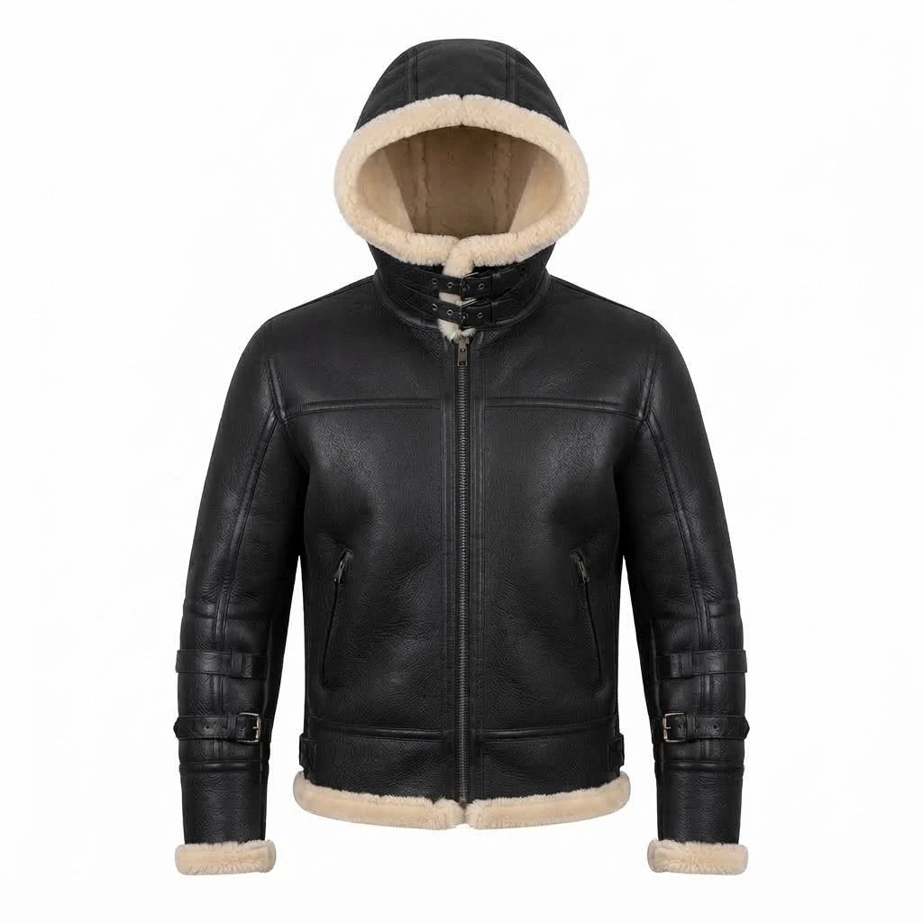 Men’s Black B3 Shearling Bomber Leather Jacket front view featuring genuine black leather, plush natural shearling hood lining, double-buckle throat latch, and front zip closure