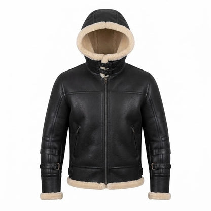 Men’s Black B3 Shearling Bomber Leather Jacket front view featuring genuine black leather, plush natural shearling hood lining, double-buckle throat latch, and front zip closure