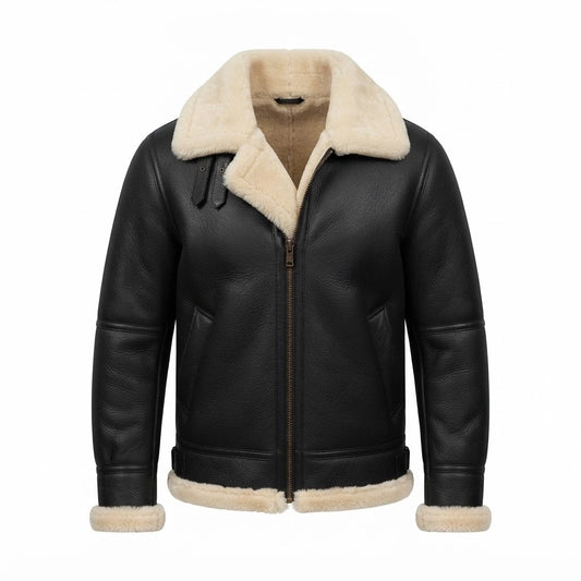 Men’s Black B3 Shearling Leather Bomber Jacket front view featuring genuine black leather, plush contrast shearling collar, buckle throat latches, and front zip closure  