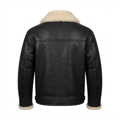 Men’s Black B3 Shearling Leather Bomber Jacket front view featuring genuine black leather, plush contrast shearling collar, buckle throat latches, and front zip closure  