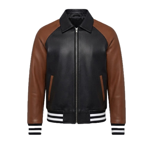 Men's Black and Brown Leather Varsity Jacket front view with contrast sleeves, turn-down collar, full-zip front, and striped ribbing