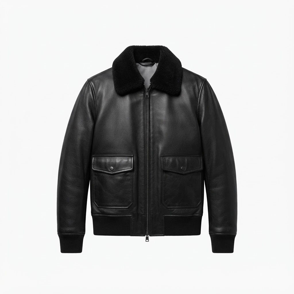 Men’s Black G-1 Flight Leather Bomber Jacket front view featuring genuine black leather, black shearling collar, dual patch pockets, and ribbed trim   