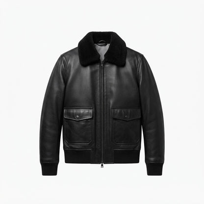 Men’s Black G-1 Flight Leather Bomber Jacket front view featuring genuine black leather, black shearling collar, dual patch pockets, and ribbed trim   