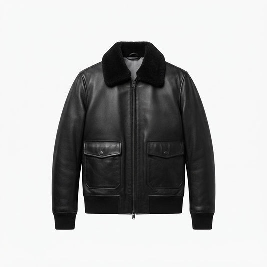 Men’s Black G-1 Flight Leather Bomber Jacket front view featuring genuine black leather, black shearling collar, dual patch pockets, and ribbed trim   