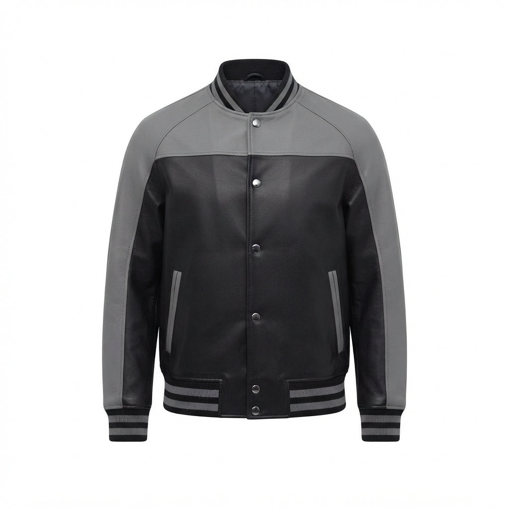 Men's Black and Grey Leather Varsity Jacket front view with contrast shoulders, snap-button placket, and striped ribbing, white background