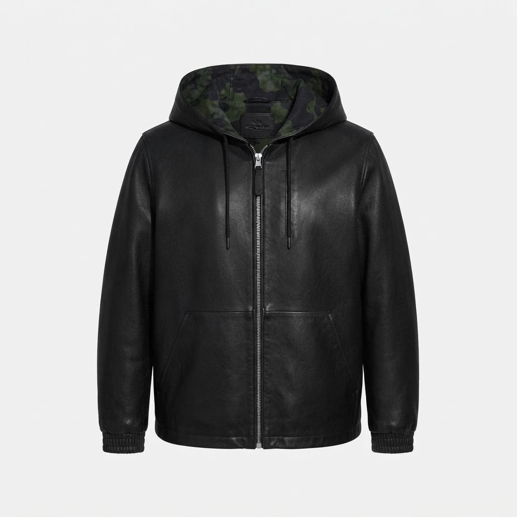 Men's Black Hooded Real Sheepskin Leather Bomber Jacket front view with zip closure and ribbed cuffs