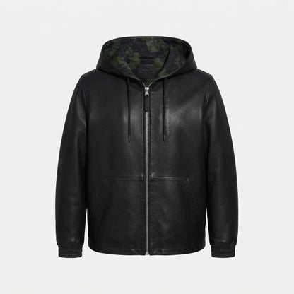 Men's Black Hooded Real Sheepskin Leather Bomber Jacket front view with zip closure and ribbed cuffs