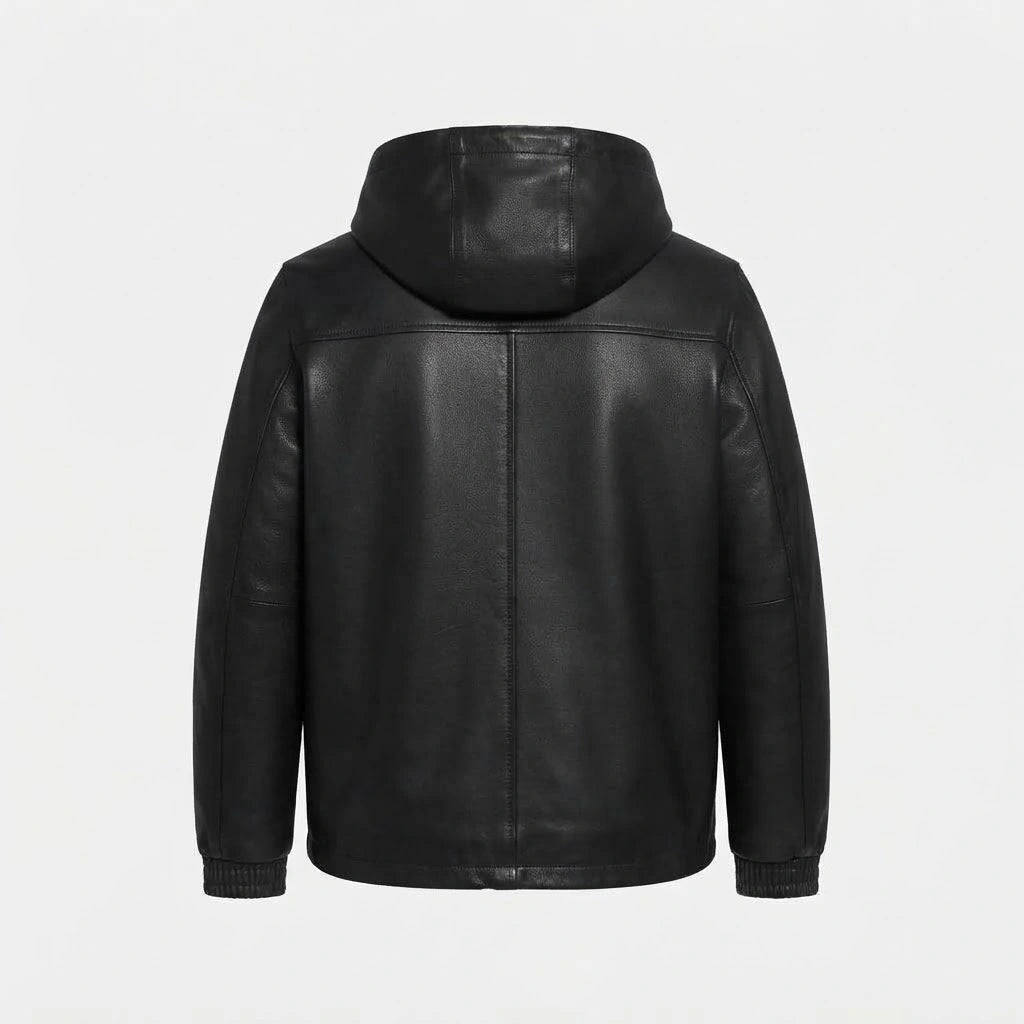 Men's Black Hooded Real Sheepskin Leather Bomber Jacket front view with zip closure and ribbed cuffs