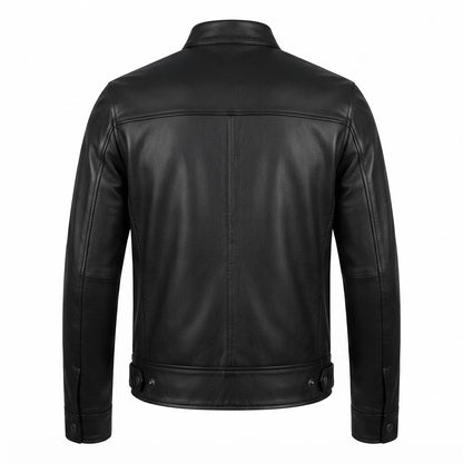Men’s Black Lambskin Leather Biker Jacket front view featuring genuine black lambskin, mandarin snap collar, front zip, and zipped pockets