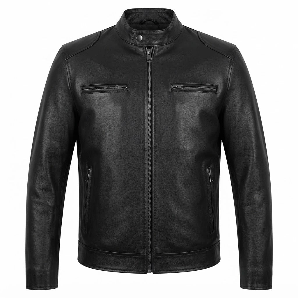 Men’s Black Lambskin Leather Biker Jacket front view featuring genuine black lambskin, mandarin snap collar, front zip, and zipped pockets