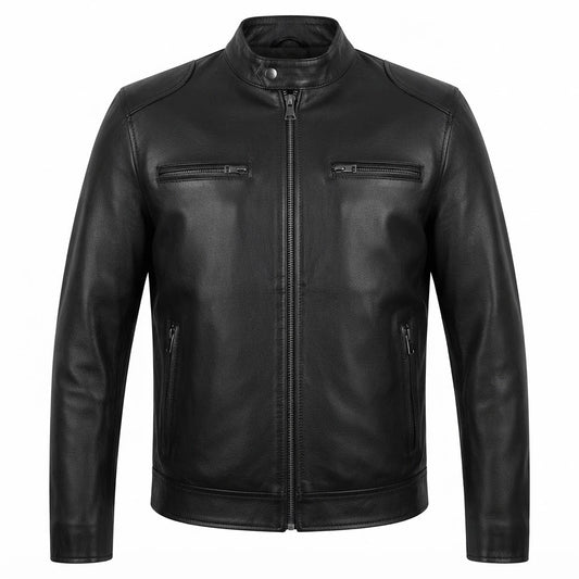 Men’s Black Lambskin Leather Biker Jacket front view featuring genuine black lambskin, mandarin snap collar, front zip, and zipped pockets