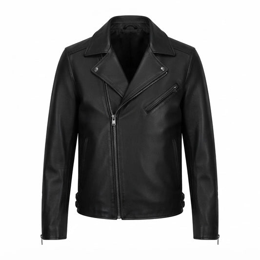 Men’s Black Leather Biker Motorcycle Jacket front view featuring genuine black leather, asymmetric front zip, notched lapels, and zipped pockets