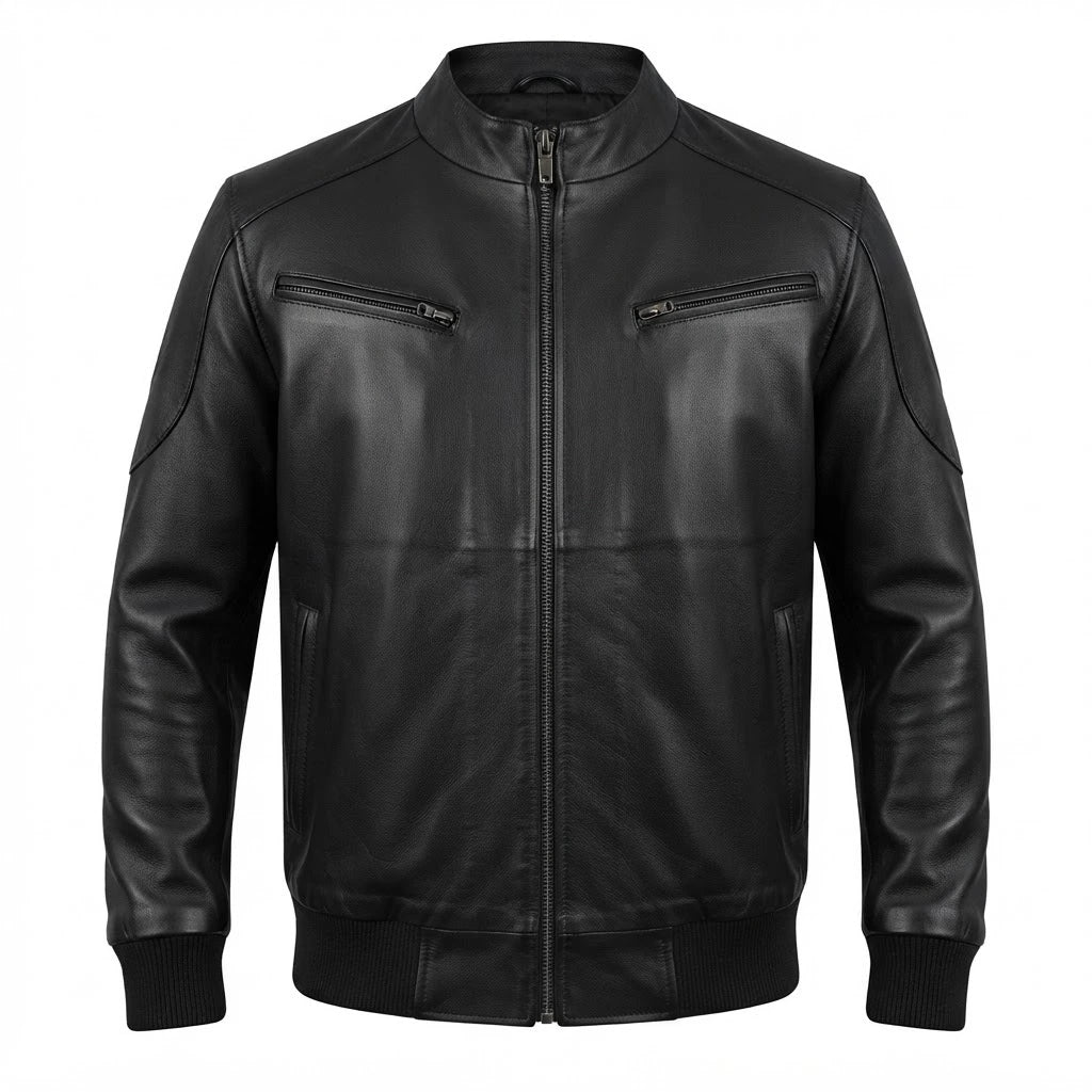 Men’s Black Leather Bomber Jacket front view featuring genuine black leather, stand collar, chest zip pockets, full metal zip, and ribbed hem   