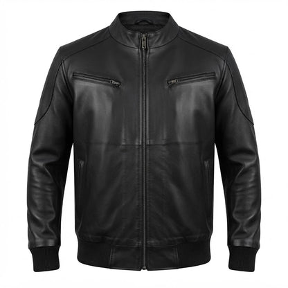Men’s Black Leather Bomber Jacket front view featuring genuine black leather, stand collar, chest zip pockets, full metal zip, and ribbed hem   