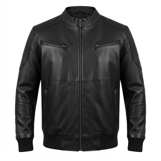 Men’s Black Leather Bomber Jacket front view featuring genuine black leather, stand collar, chest zip pockets, full metal zip, and ribbed hem   
