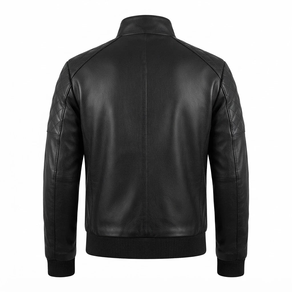 Men’s Black Leather Bomber Jacket front view featuring genuine black leather, stand collar, chest zip pockets, full metal zip, and ribbed hem   
