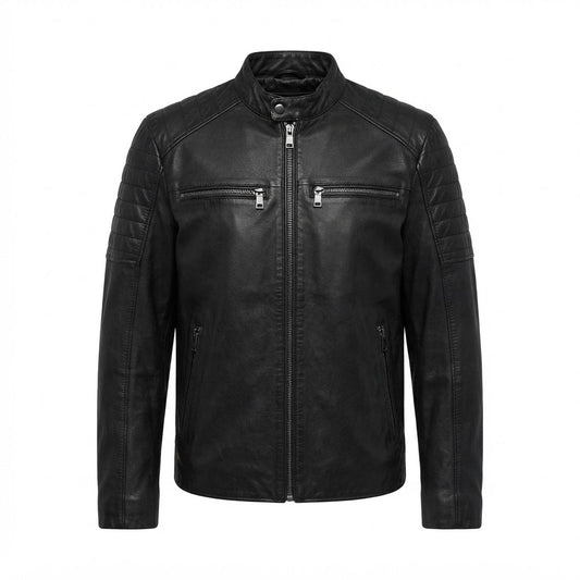 Men’s Black Leather Cafe Racer Biker Jacket front view featuring genuine black leather, mandarin snap collar, quilted shoulders, and zip pockets