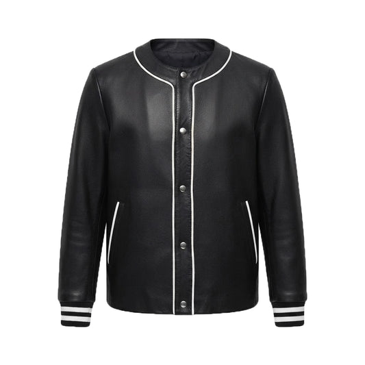 Men's Black Leather Varsity Jacket front view with snap-button placket and striped ribbing, white background