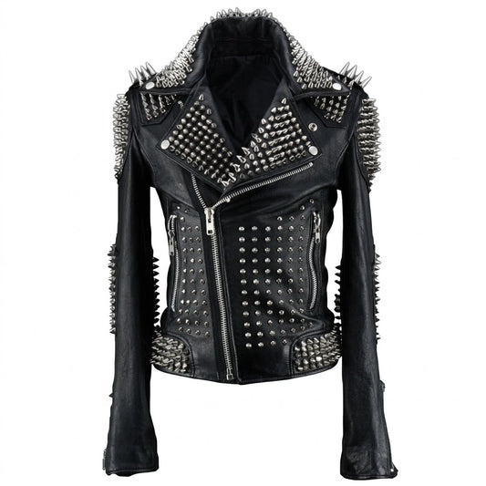 Men’s Black Punk Studded Handmade Leather Jacket front view featuring genuine black leather, heavy silver cone spikes on shoulders, lapels, and waist hem, and asymmetric zip   