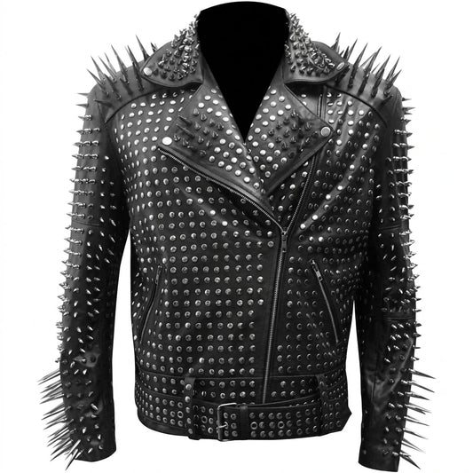 Men’s Black Punk Studded Motorcycle Leather Jacket front view featuring genuine black leather, extreme long silver sleeve spikes, torso dome studs, and asymmetric zip   