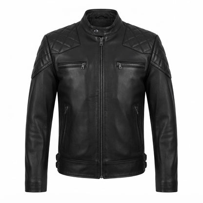 Men’s Black Quilted Retro Biker Leather Jacket front view featuring genuine black leather, mandarin snap collar, quilted shoulders, and zip pockets