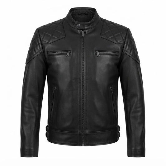 Men’s Black Quilted Retro Biker Leather Jacket front view featuring genuine black leather, mandarin snap collar, quilted shoulders, and zip pockets