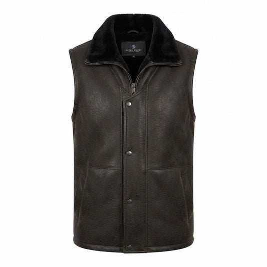 Men’s Black Shearling Leather Vest front view featuring rich black leather, plush black shearling collar, zipper, and snap placket closure   