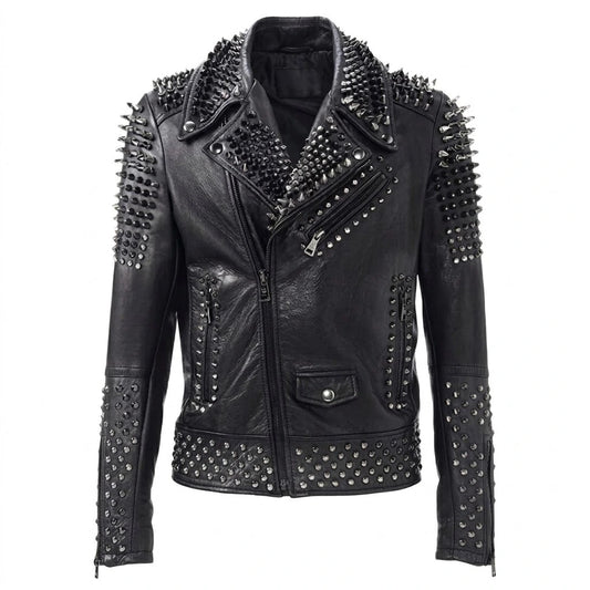Men’s Black & Silver Studded Motorcycle Leather Jacket front view featuring genuine black leather, dense silver cone spikes, asymmetric zip, and studded hem   