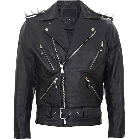 Men’s Black Spiked Lapel Biker Jacket front view featuring genuine black leather, silver shoulder spikes, notched lapels, and asymmetric zip