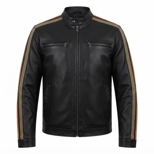 Men’s Black Stripe Leather Cafe Racer Jacket front view featuring genuine black leather, contrast shoulder stripes, mandarin snap collar, and zip pockets   