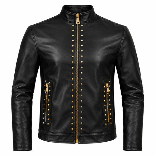 Men’s Black Studded Cowhide Leather Biker Jacket front view featuring genuine black cowhide, gold hardware, gold stud trim, and mandarin collar