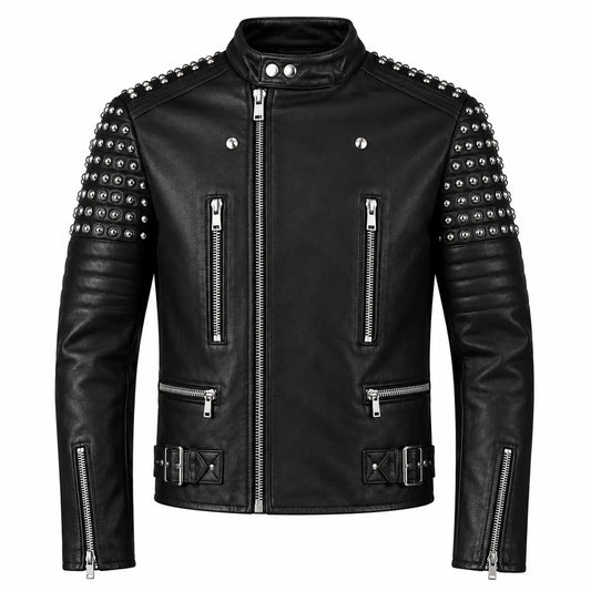 Men’s Black Studded Leather Biker Jacket front view featuring genuine black leather, heavy silver metal shoulder studs, mandarin collar, and zip pockets   