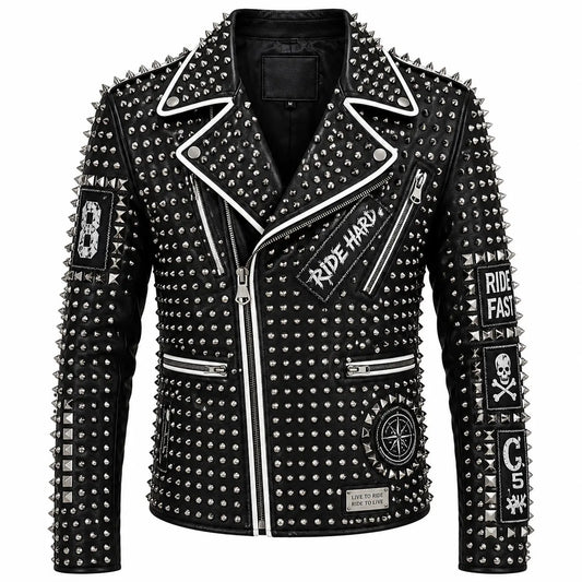 Men’s Black Studded Punk Leather Jacket front view featuring genuine black leather, silver cone spikes, custom graphic patches, and white piping   