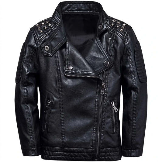 Men’s Black Studded Shoulder Biker Jacket front view featuring genuine black leather, silver pyramid shoulder studs, accordion sleeves, and asymmetric zip   