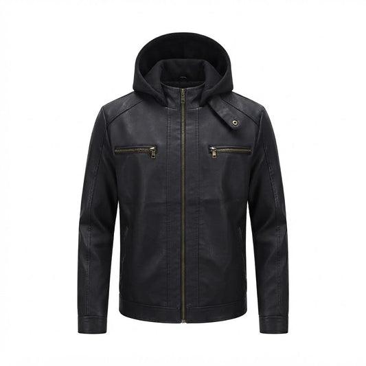 Men’s Black Suede Hooded Cafe Racer Jacket front view featuring genuine black suede, attached hood, full metal zipper, and chest utility pockets   