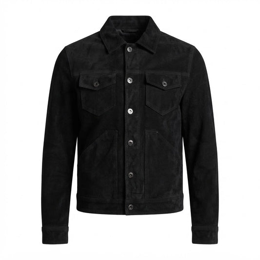 Men’s Black Suede Trucker Jacket front view featuring genuine black suede, point collar, button front, and dual chest flap pockets   