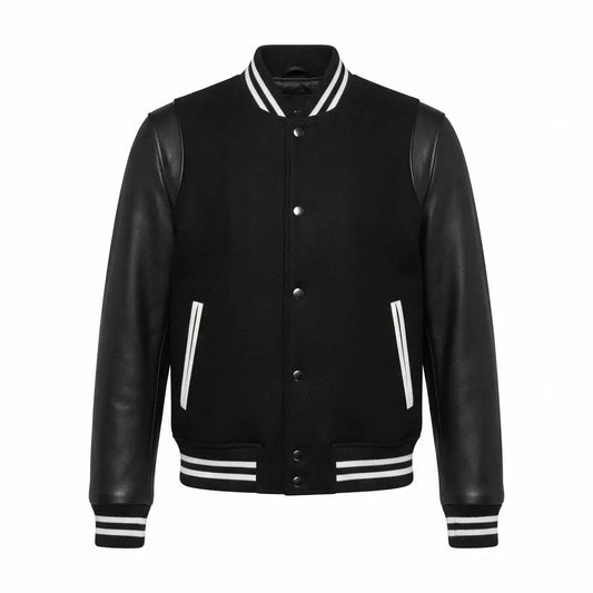 Men’s Black Varsity Bomber Leather Jacket front view featuring a black wool body, genuine leather sleeves, and white-striped ribbed trim   