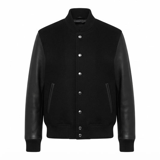 Men’s Black Varsity Leather Bomber Jacket front view featuring a black wool body, genuine black leather sleeves, and silver snap buttons   