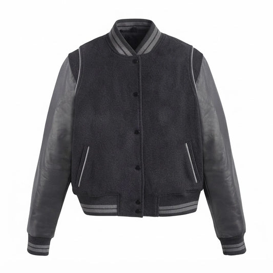 Men’s Black Varsity Leather Bomber Jacket front view featuring charcoal wool body, genuine leather sleeves, and grey-striped ribbed trim   