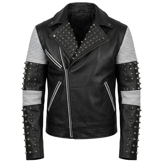 Men’s Black & White Studded Leather Jacket front view featuring genuine black leather, white ribbed sleeve panels, silver cone studs, and asymmetric zip   