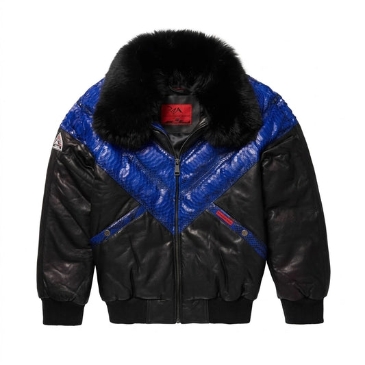 Men’s Blue Python Skin Leather V-Bomber Jacket with blue python chevron and black fur collar 