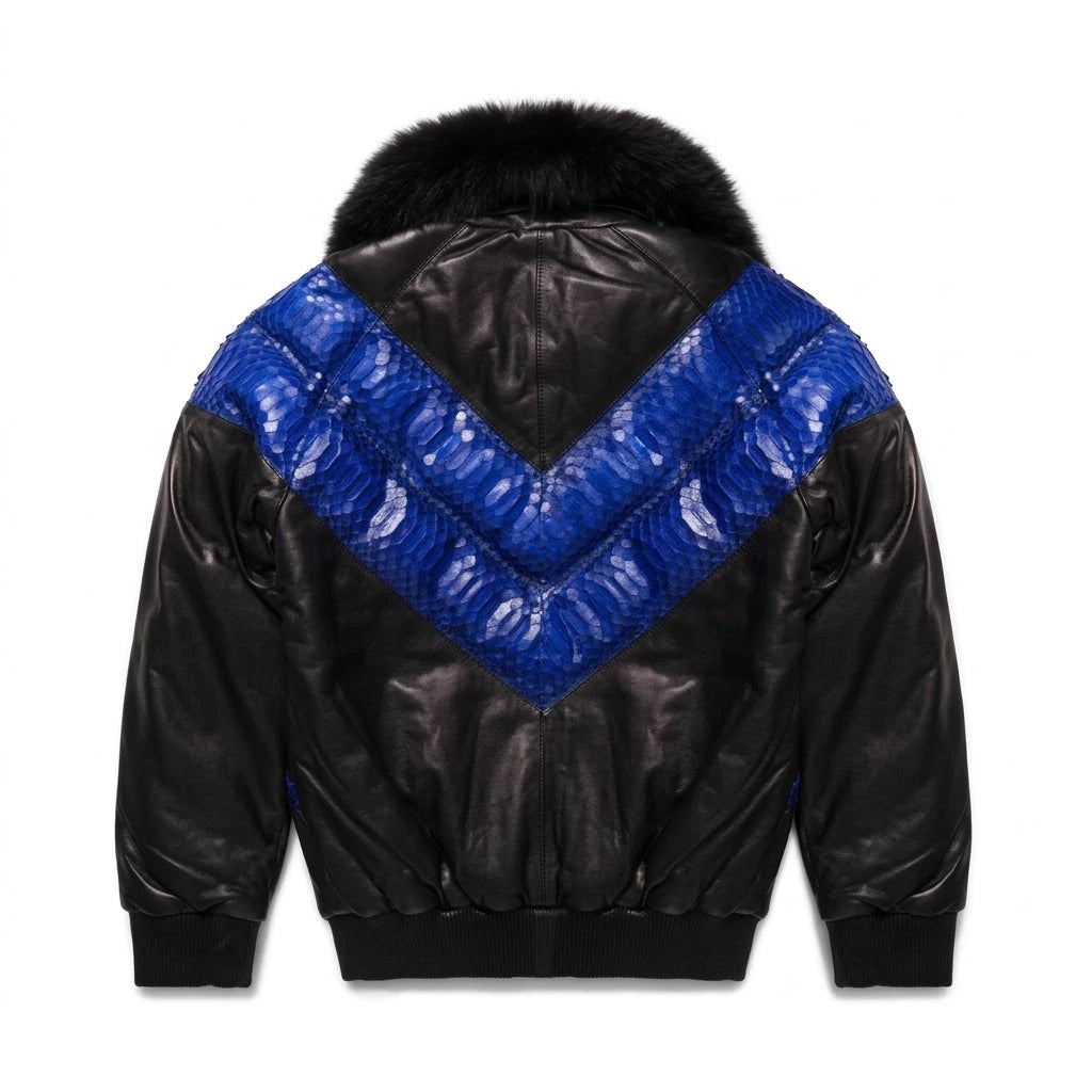 Men’s Blue Python Skin Leather V-Bomber Jacket with blue python chevron and black fur collar 