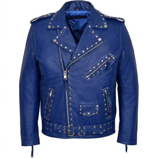 Men’s Blue Studded Designer Leather Jacket front view featuring genuine royal blue leather, silver dome studs, asymmetric zip, and belted waist