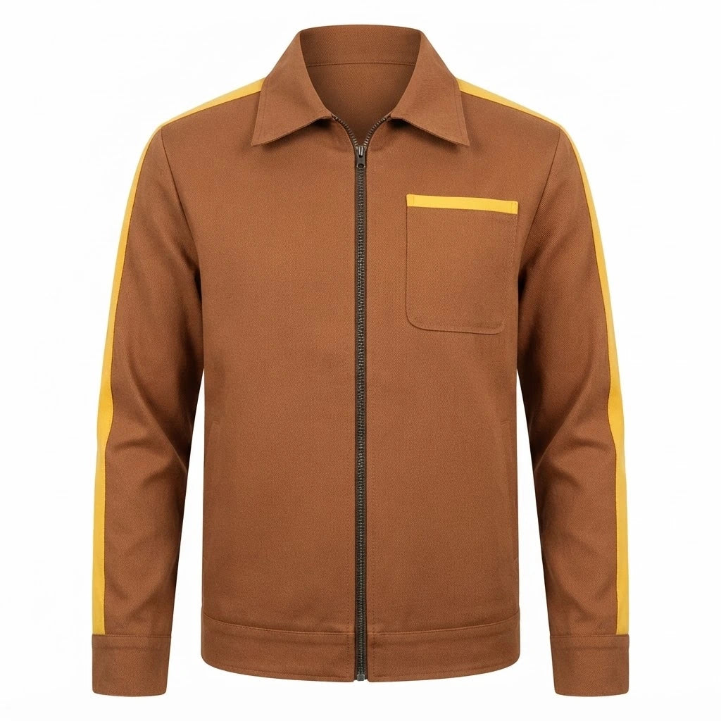 Men’s Brown and Yellow Leather Jacket front view featuring brown genuine leather, contrast yellow sleeve stripes, shirt collar, and chest pocket   